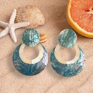 Vintage Blue Green Cream Circle Shell Hoop Earrings